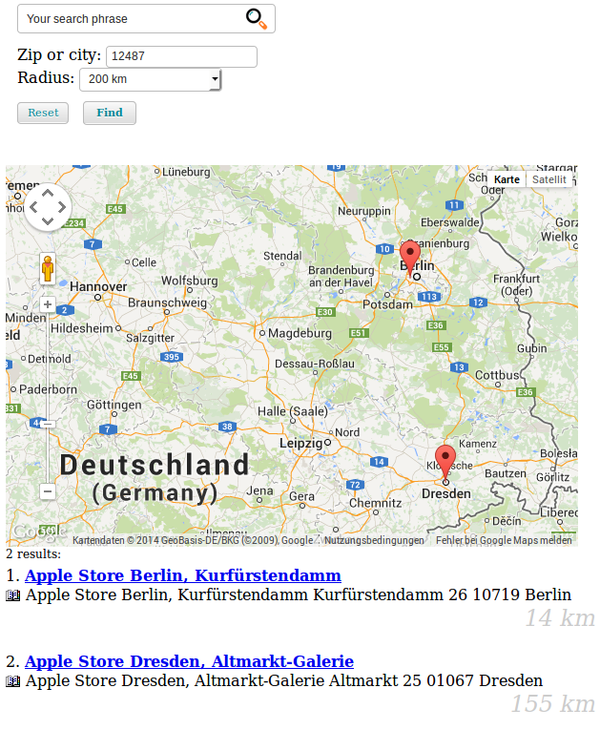 Distance based search with Google Maps integration